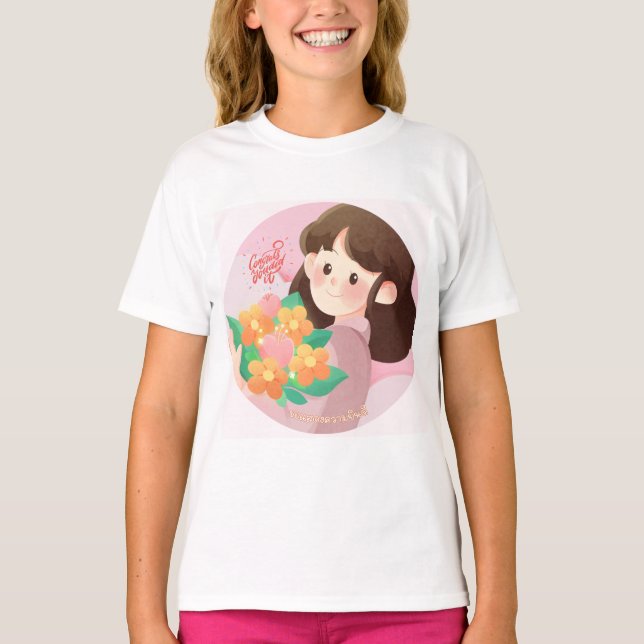 Camiseta com design de menina flor linda (Frente)