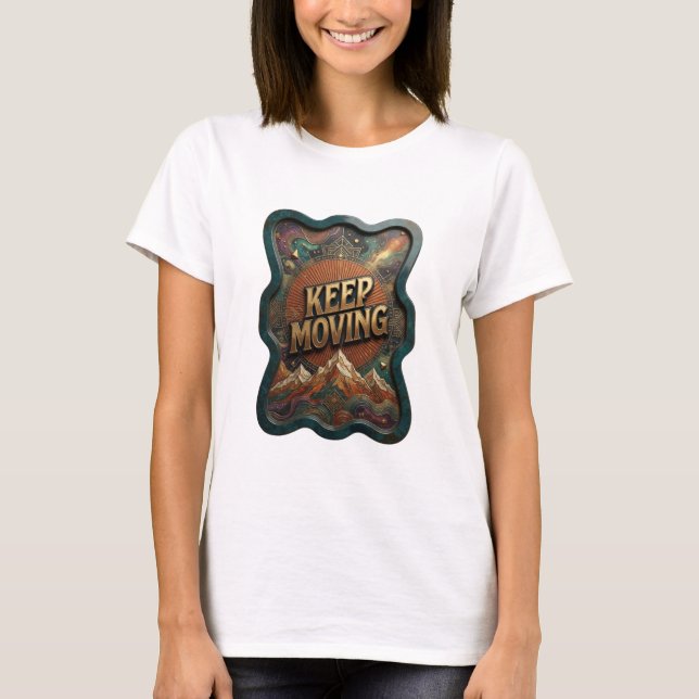 Camiseta com Frase Icônica em Dourado KEEP MOVING (Frente)