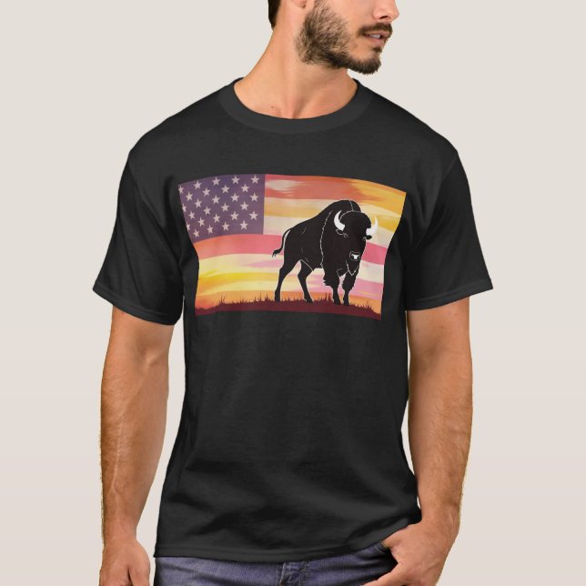 Camiseta com impressão bison em uma bandeira ameri (Frente)