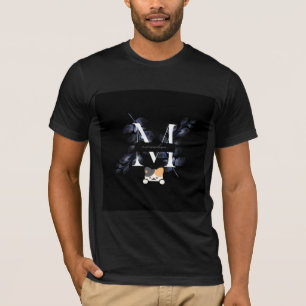 camiseta com logotipo floral e desenho de gato