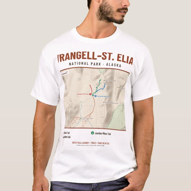 Camiseta com Mapa do Trilho do PN Wrangell–St. Eli (Frente)