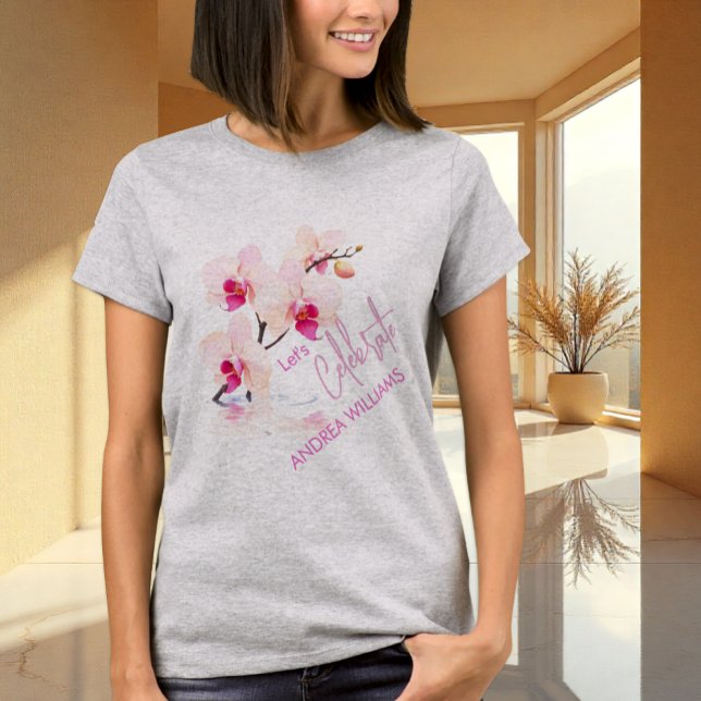 Camiseta com Nome e Flores de Orquídea para Aniver (Criador carregado)