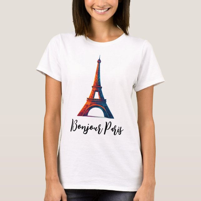 Camiseta com o título Bonjour Paris design de viag (Frente)