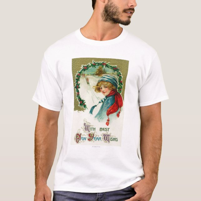 Camiseta Com os melhores desejos do ano novo que Sledding a (Frente)