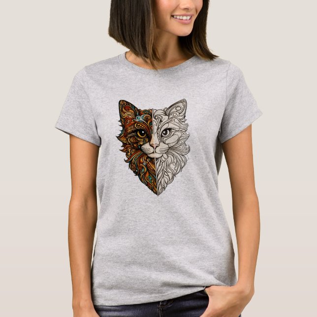 Camiseta com Rosto de Gato em Fio de Ouro Ornament (Frente)