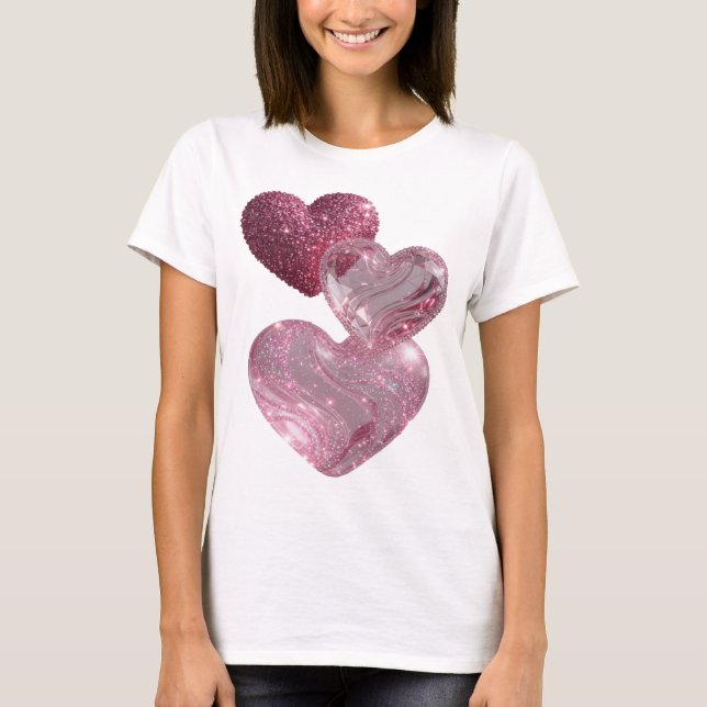 Camiseta com Slogan Corações Rosa Prata Divertida (Frente)