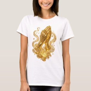 Camiseta com slogan de MÃOS EM ORACÃO em Dourado