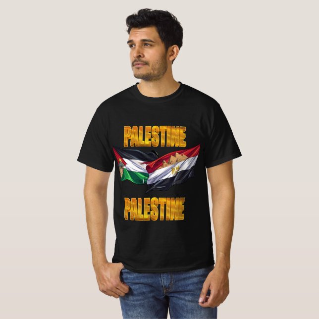 Camiseta com texto em ouro e bandeiras da Palestin (Frente Completa)