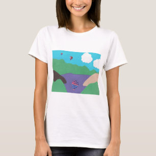 Camiseta com uma cena de lago de montanha.