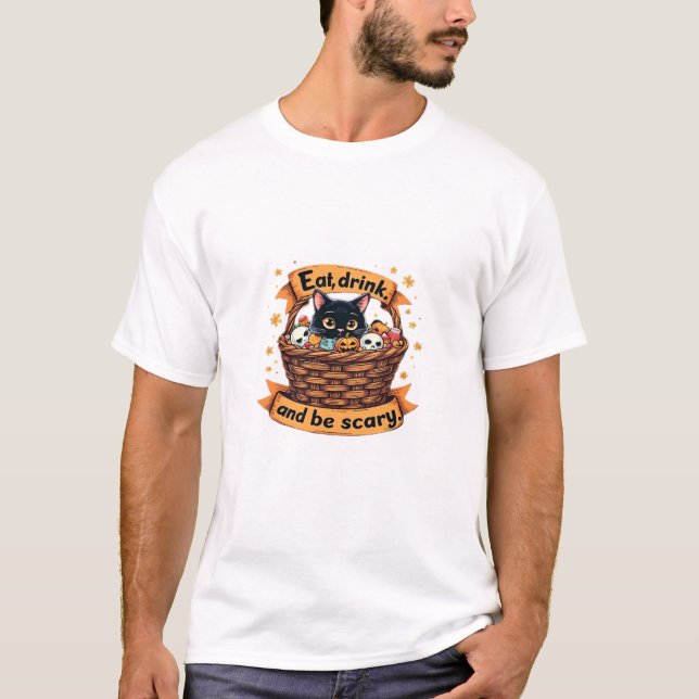 Camiseta Coma, Beba E Seja Assustador Cesta De Doce Ou Trav (Frente)
