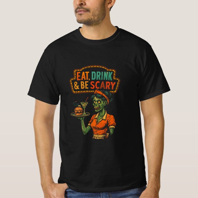 Camiseta Coma, Beba e Seja um Garçonete Zombie assustador (Frente)