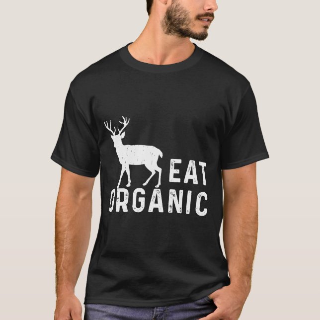 Camiseta Coma Caça Orgânica Caro Elk Caçador de Carne (Frente)