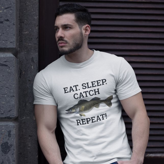 Camiseta Coma Dormir Pega Olhal Engraçado Pesca Anglês (Eat. Sleep. Catch Walleye Repeat! A funny fishing shirt for an avid walleye angler.)