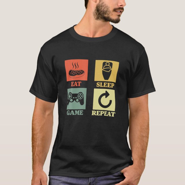 Camiseta Coma Jogo do Sono Repetir Jogo Engraçado Gamer Gif (Frente)