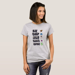 Camiseta coma jogos animados de sono, repita