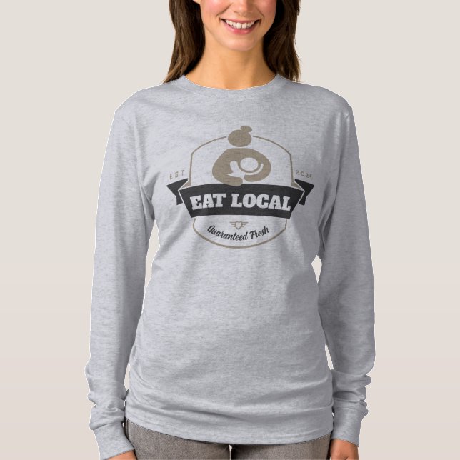 Camiseta "Coma local" Aleitamento Mãe e Bebê Humorístico (Frente)