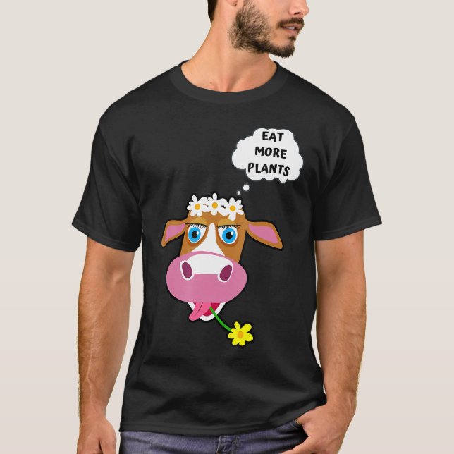 Camiseta Coma Mais Planta Vaca Com Flor de Margarida Vegano (Frente)