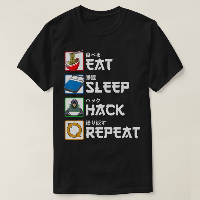 Camiseta Coma o hacker do sono Repetir o hacker japonês (Frente do Design)