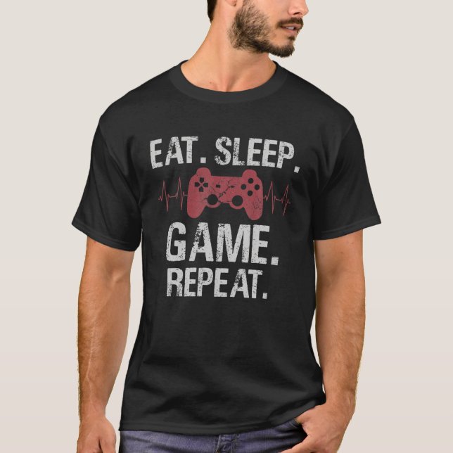Camiseta Coma o Jogo do Sono Repetir Videos games Engraçado (Frente)