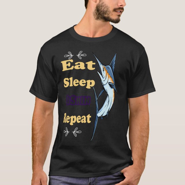 Camiseta Coma Peixe Dormir Repita Design de Insígnia de Pes (Frente)
