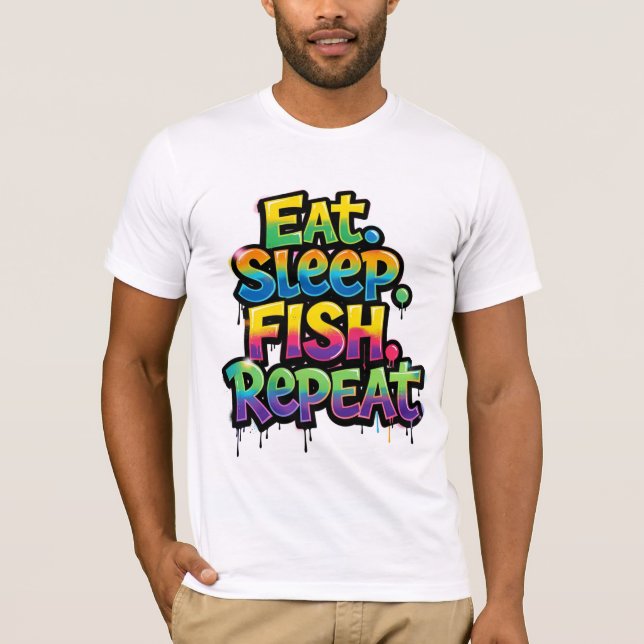 Camiseta Coma Peixe Dormir Repita Grafite Arco-íris (Frente)