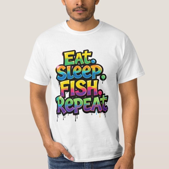 Camiseta Coma Peixe Dormir Repita Grafite Arco-íris (Frente)