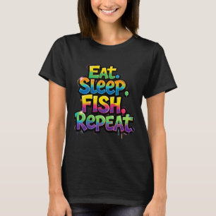 Camiseta Coma Peixe Dormir Repita Grafite Arco-íris
