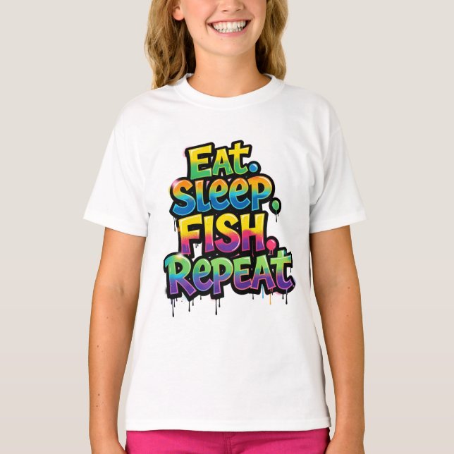 Camiseta Coma Peixe Dormir Repita Grafite Arco-íris (Frente)