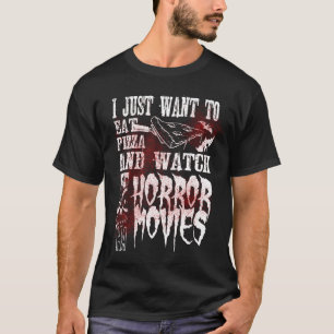Camiseta Coma Pizza Assista Filmes de Terror Preto Engraçad