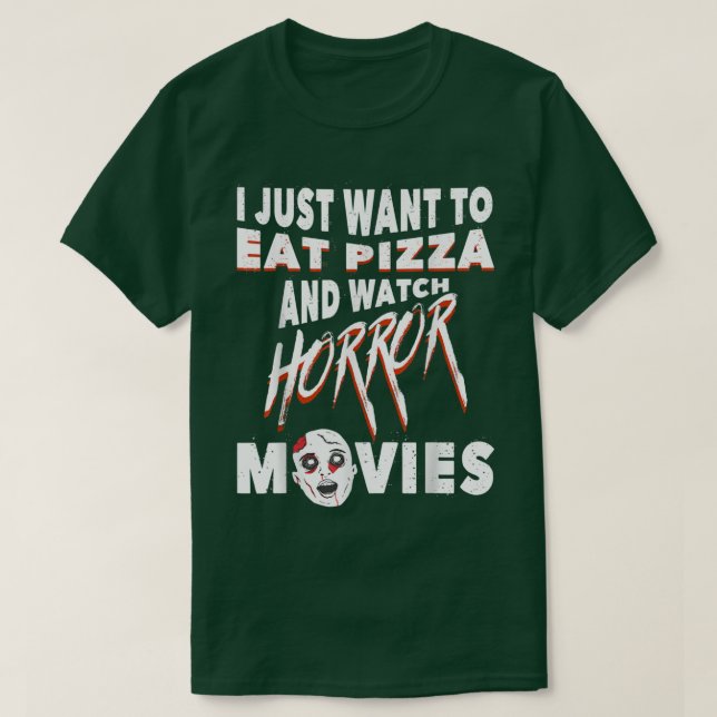 Camiseta Coma Pizza E Assista Amante de Filmes Horrores (Frente do Design)