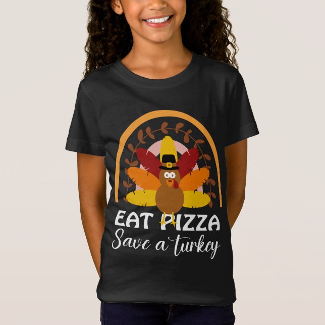 Camiseta Coma Pizza Turquia, Engraçado Ação de Graças Rainb (Frente)