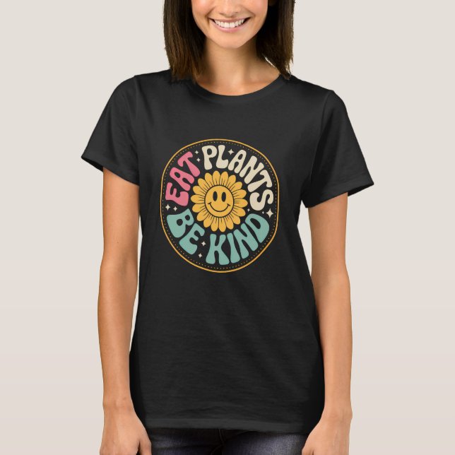 Camiseta Coma Plantas Seja Gentil Girassol Vegano Retrô (Frente)