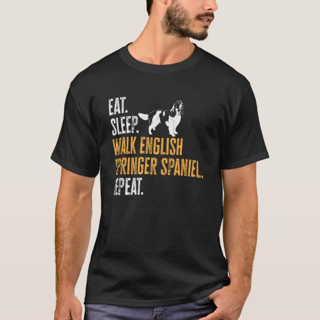 Camiseta Coma Sono Passeando Inglês Springer Spaniel Repeti (Frente)
