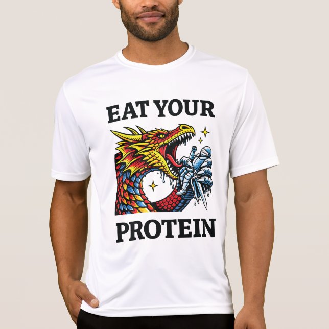 Camiseta Coma Sua Proteína – Cavaleiro Comendo um Dragão Ép (Frente)
