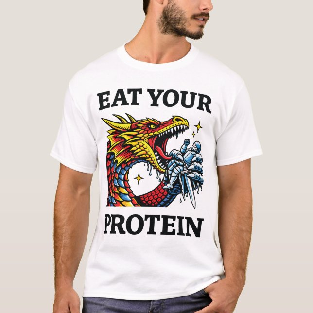Camiseta Coma Sua Proteína – Cavaleiro Épico Comendo Dragão (Frente)