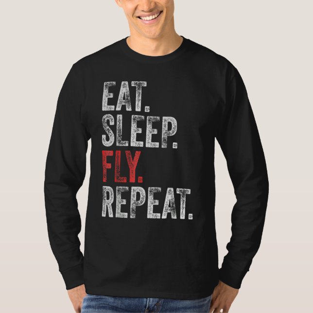 Camiseta Coma Voo de Sono Repetir Piloto de Aviação Funny V (Frente)