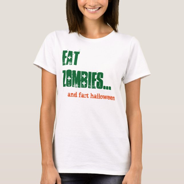 Camiseta Coma Zombies e Fart Halloween Engraçado Comédia Ve (Frente)