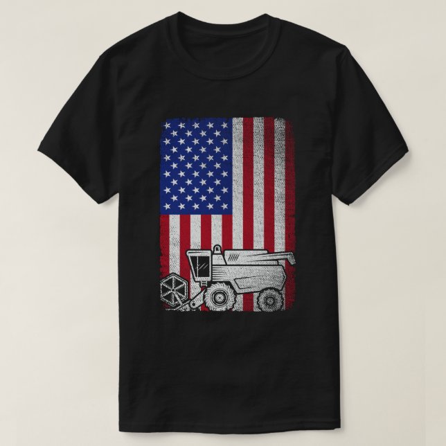 Camiseta Combine Harvester American Flag Farmer Agriculture (Frente do Design)