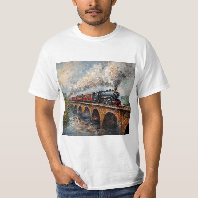 Camiseta Comboio a vapor numa ponte - Pintura a óleo (Frente)