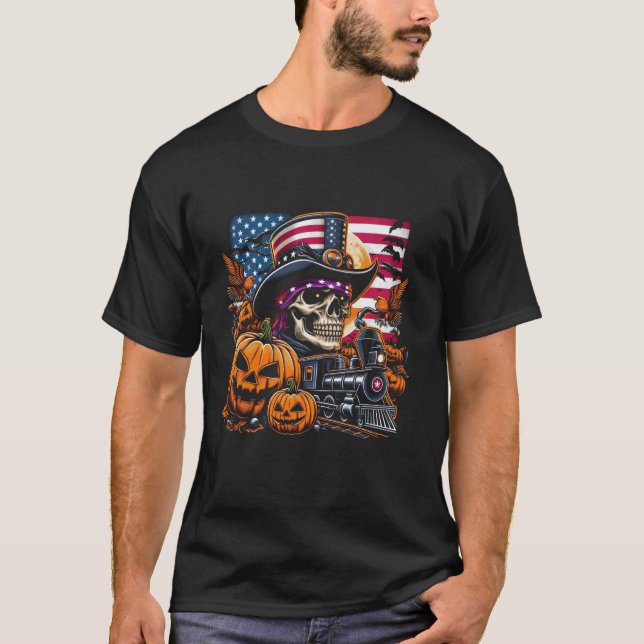 Camiseta Comboio e crânio de Halloween com abóbora American (Frente)