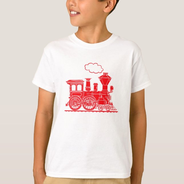 Camiseta Comboio-locomotiva a vapor vermelho em t-shirt lum (Frente)