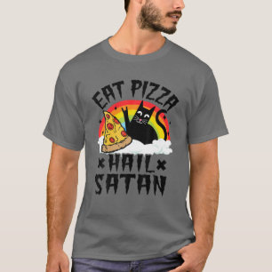 Camiseta Come Pizza Hail Satã Pet Cats Rainbow Engraçado Mo