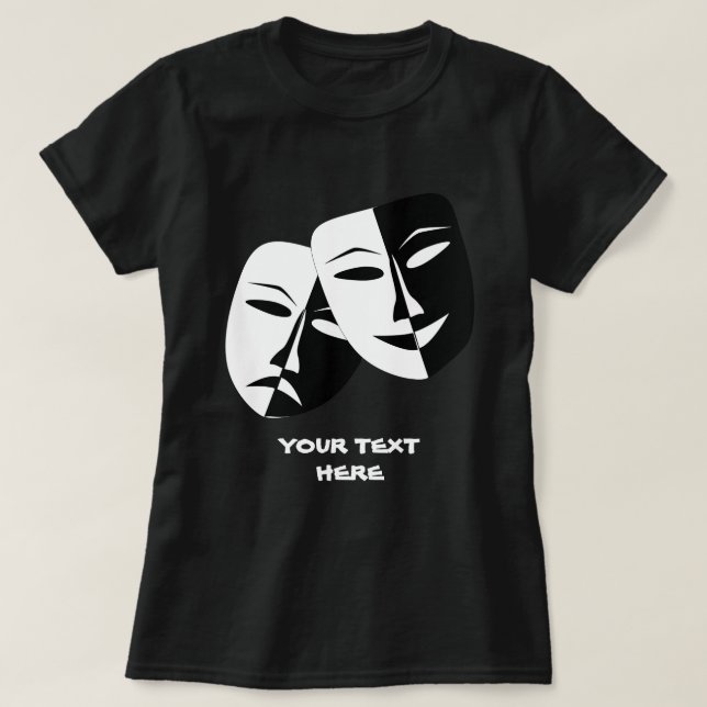 Camiseta Comédia de Máscara de Teatro Tragédia Branca Preta (Frente do Design)