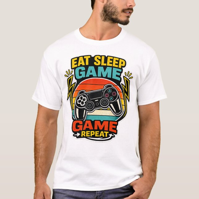 Camiseta Comer Dormir Jogar Repetir Controle Retro (Frente)