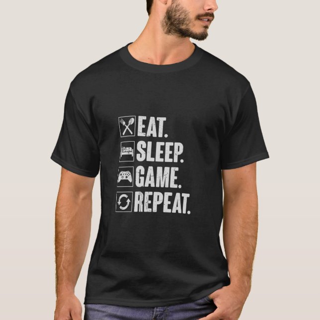 Camiseta Comer Dormir Jogo Repetir Vídeo Divertido Presente (Frente)