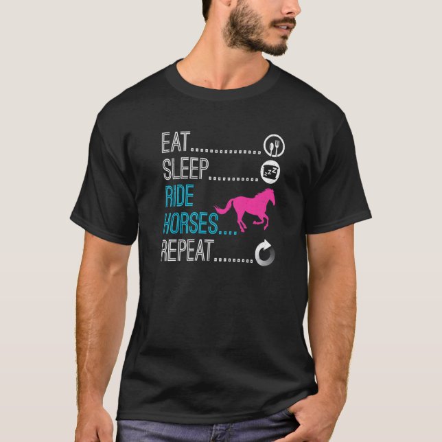 Camiseta Comer Dormir Montar Cavalos Repetir Cavalgada Eque (Frente)