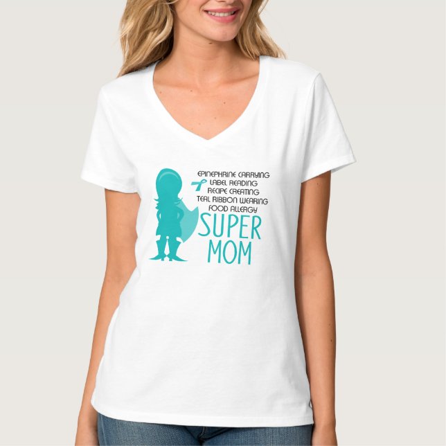 Camiseta Comida Alergia Super Mãe Silhueta Teal Shirt (Frente)