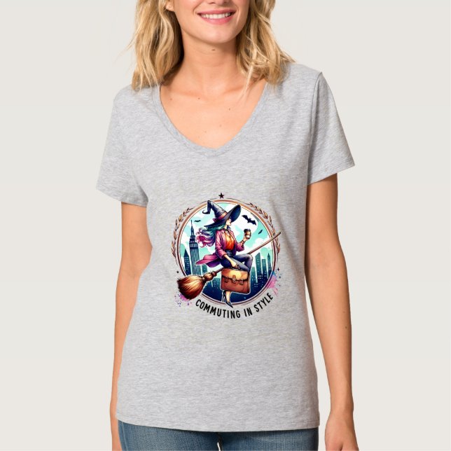 Camiseta Commuting in Style – Elegant Witch Design for Tre (Frente)
