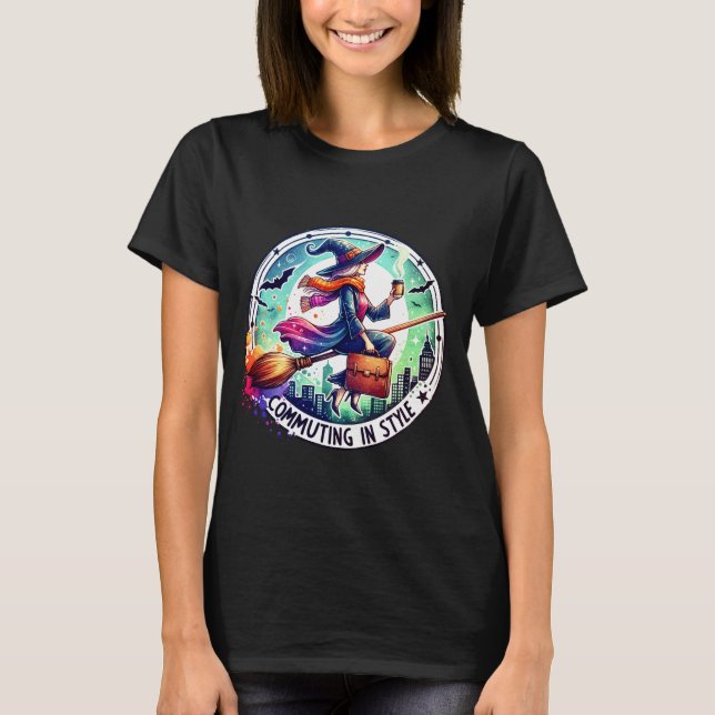 Camiseta Commuting in Style – Elegant Witch Design for Tre (Frente)