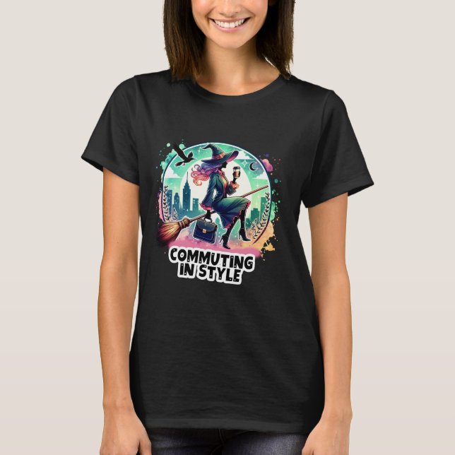 Camiseta Commuting in Style – Elegant Witch Design for Tre (Frente)